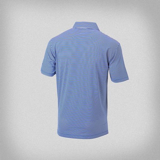 Back view of a blue and white striped polo shirt