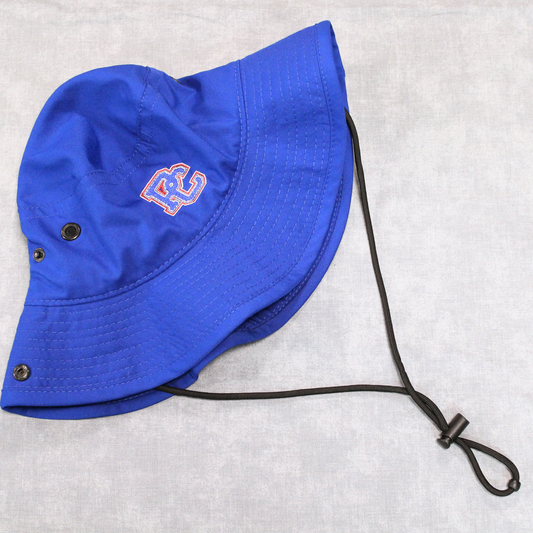 Royal Blue Boonie Hat with strap and embroidered PC logo in red, white, and blue thread on the front of the hat.