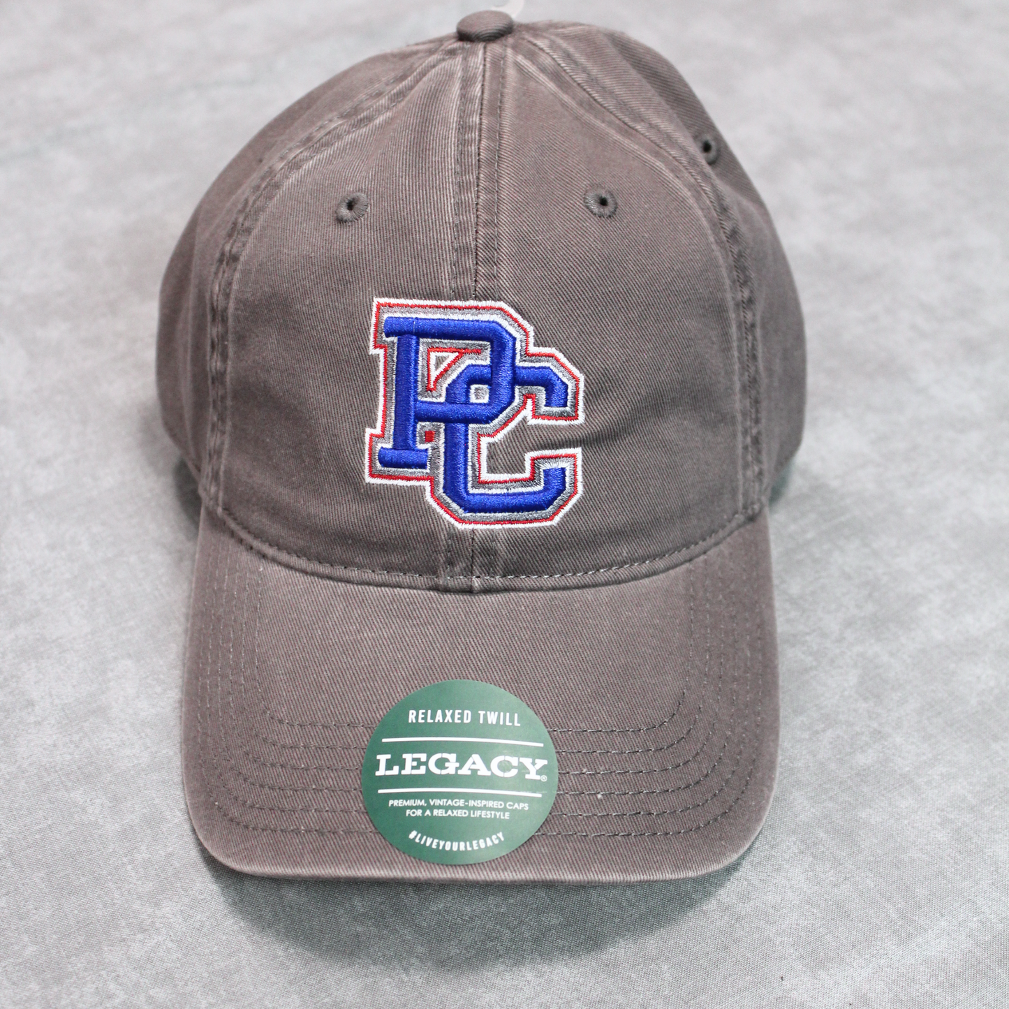 dark grey hat with block pc logo embroidered on the front