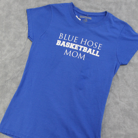 Royal blue ladies cut t-shirt with "Blue Hose Basketball Mom" screen printed in white on the front.