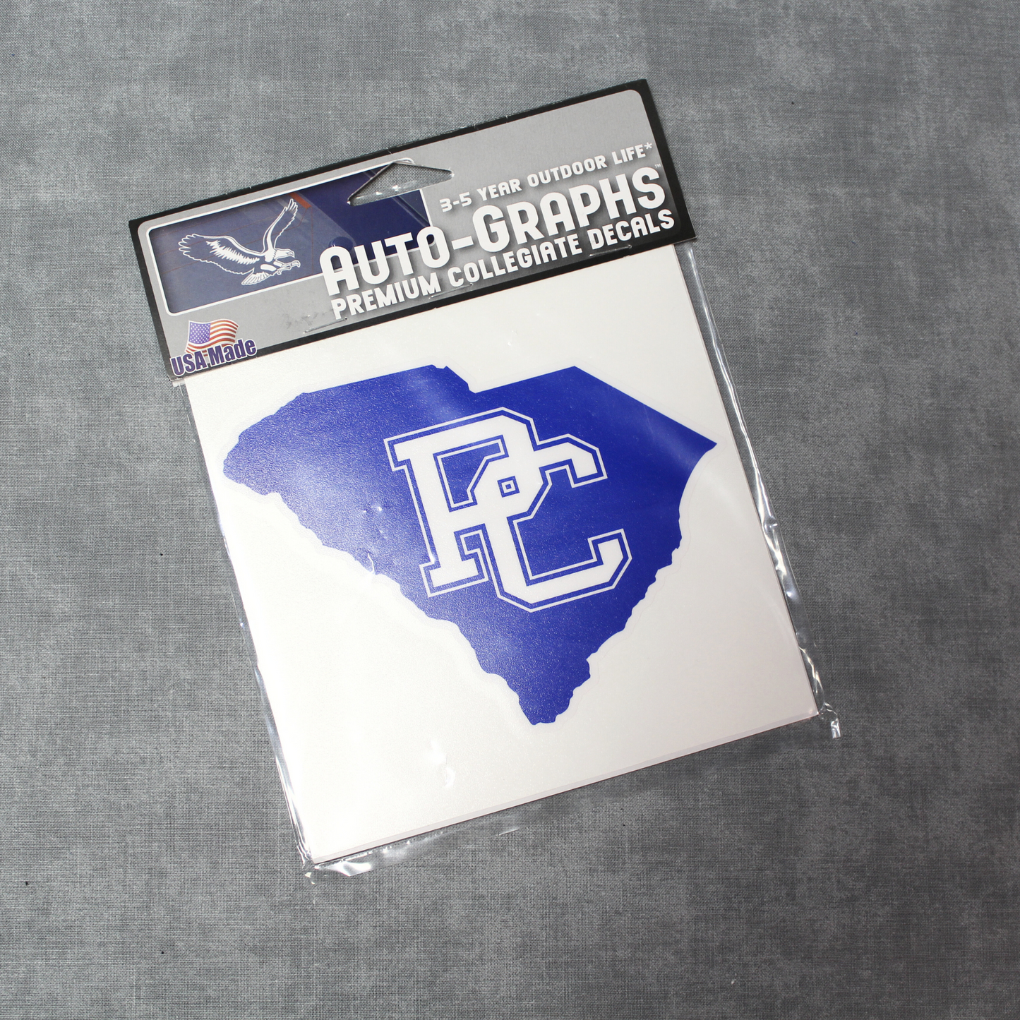blue south carolina state decal with a white PC logo on it.