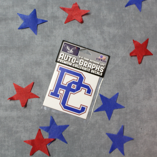 A decal with a blue, red, and white color scheme featuring the block PC logo. the background of this product photo has red and blue stars on it.