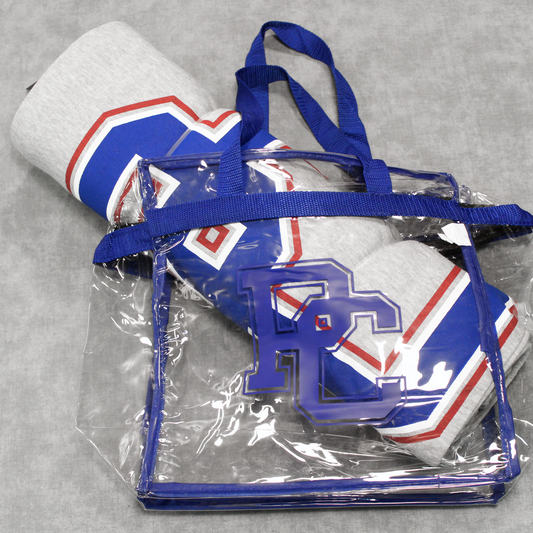 stadium blanket rolled up and put in a clear bag--clear bag is sold separately from the blanket.