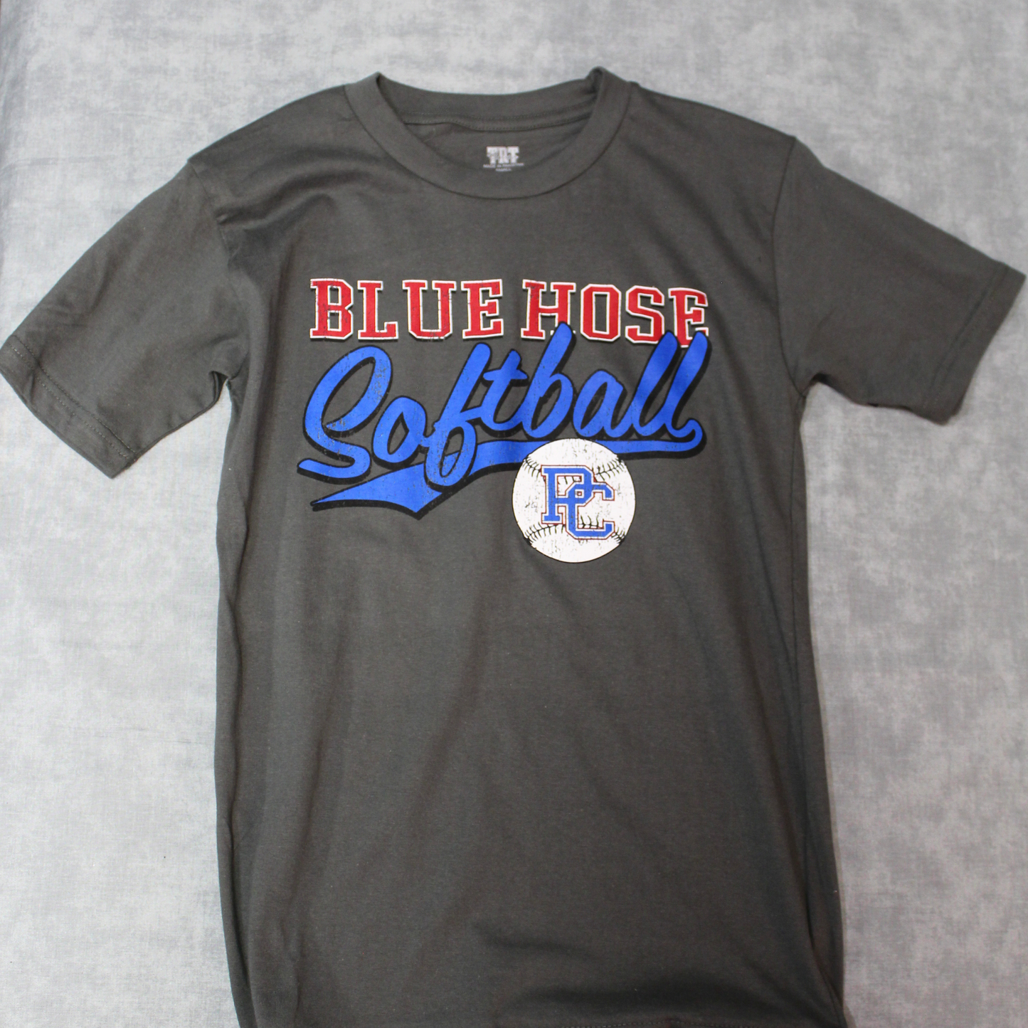 Product photo of the front of a gray t-shirt with Blue Hose Softball printed across the t shirt along with a softball with the block PC logo on it.