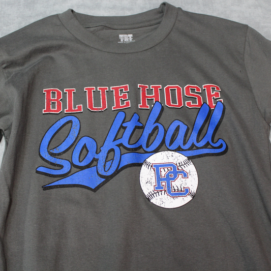 Detail photo of the front of a gray t-shirt with Blue Hose Softball printed across the t shirt along with a softball with the block PC logo on it.