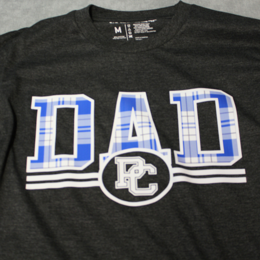 Charcoal grey heather tee shirt with royal and white screen print tartan Dad t-shirt with PC logo.