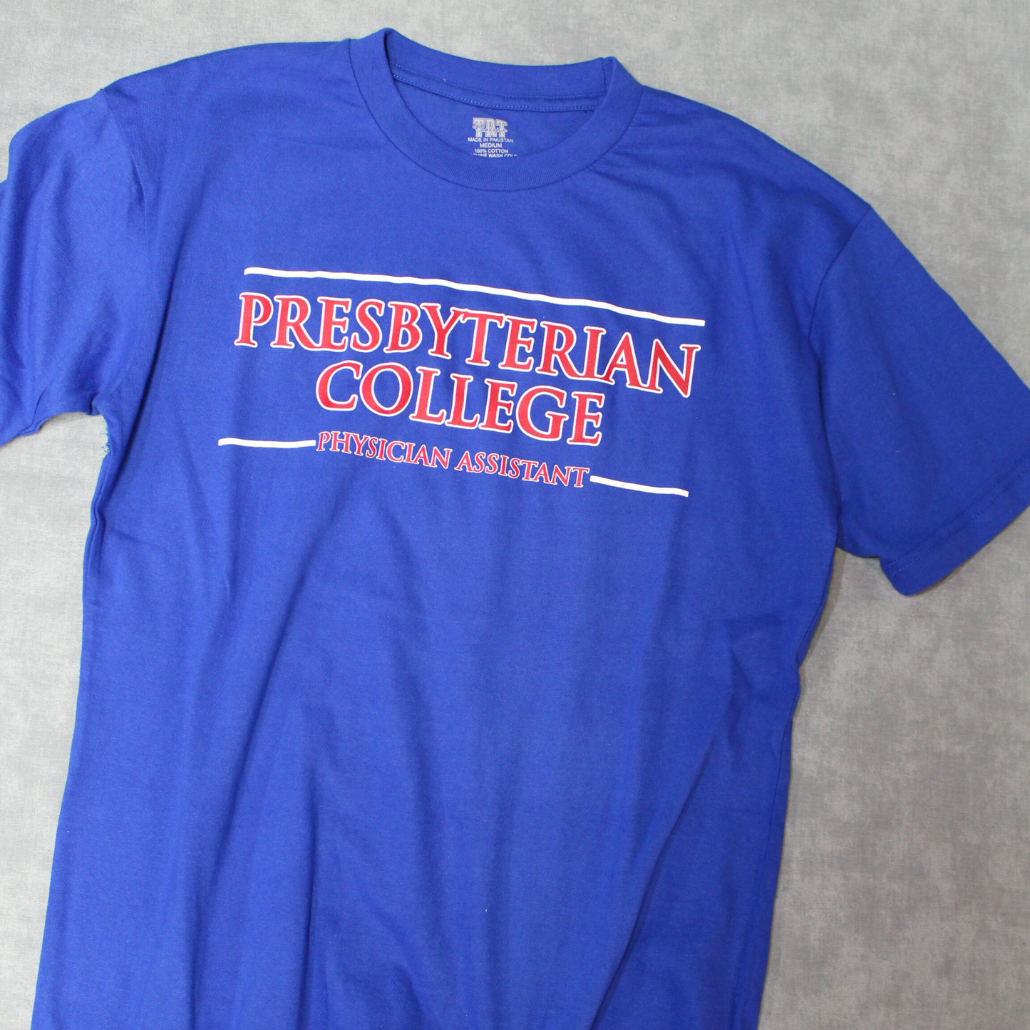Royal blue t-shirt with red and white screen print design Presbyterian College Physician Assistant