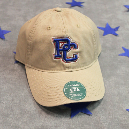 Khaki dad cap with block PC logo embroidered on it