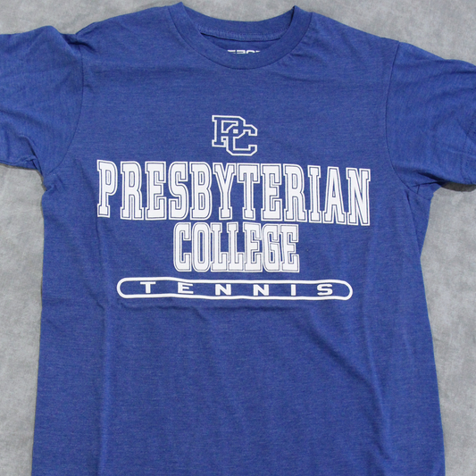Product photo of a royal blue heather t-shirt with a white screen print graphic that has the block PC logo and then "Presbyterian College Tennis" on it.