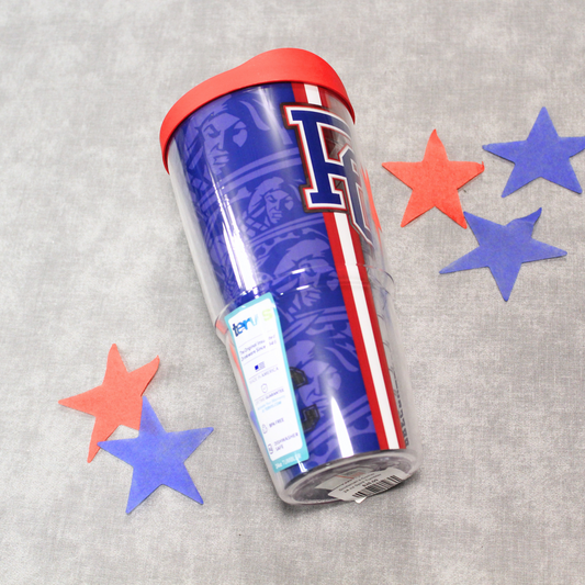 Picture of a 24 oz Tervis Tumbler with a red lid that features the PC logo, Presbyterian College, Blue Hose in blue, red, and white ink.