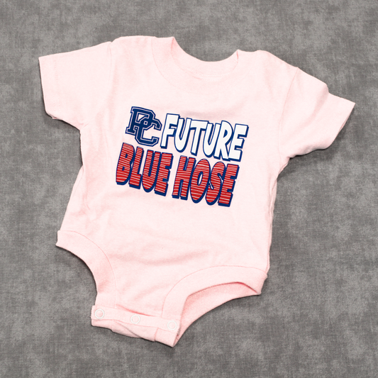 Light pink infant onesie with navy, white, and red screen print graphic on it that says "Future Blue Hose"
