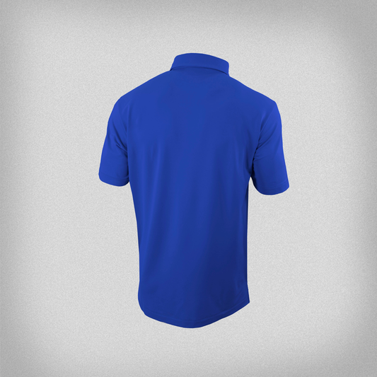 back view of a blue polo shirt