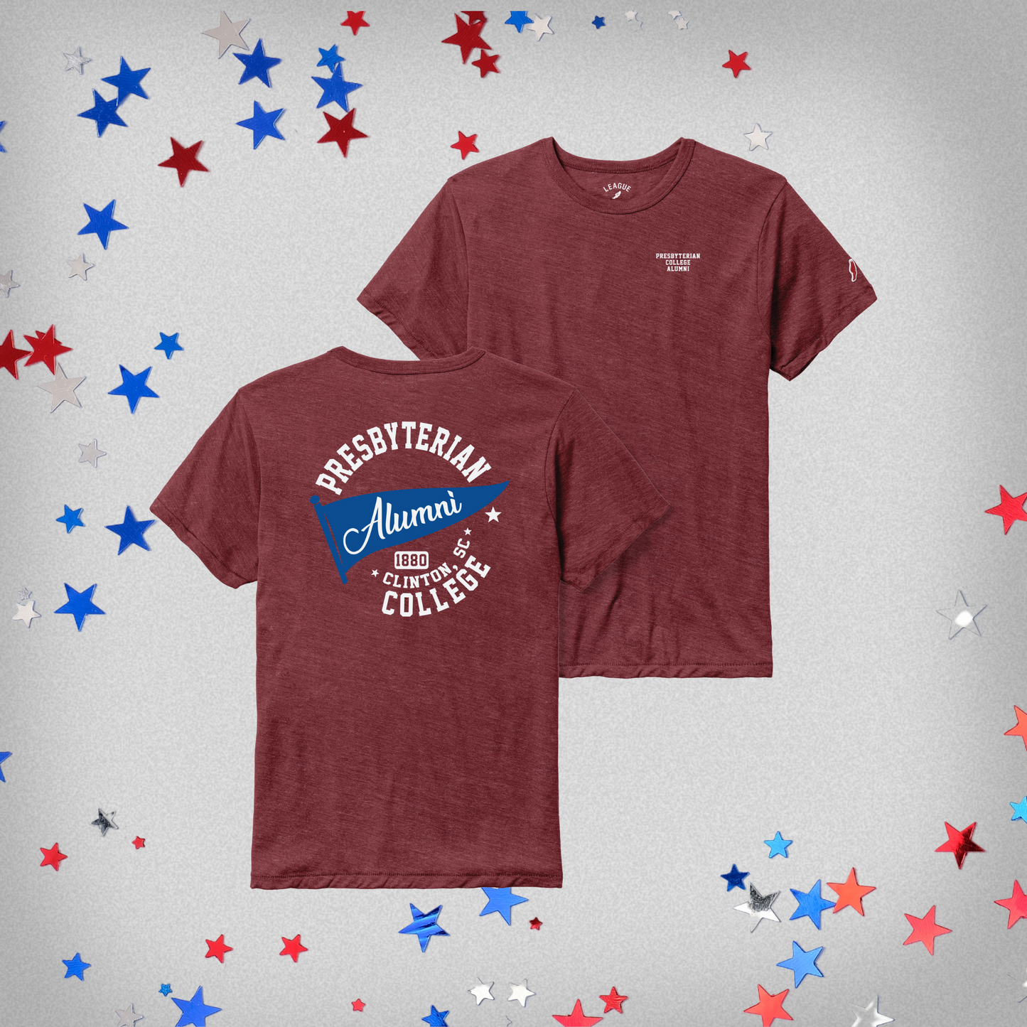 Product photo of the front and back of the garnet alumni tee. Background of the photo has red, white, and blue stars on it.