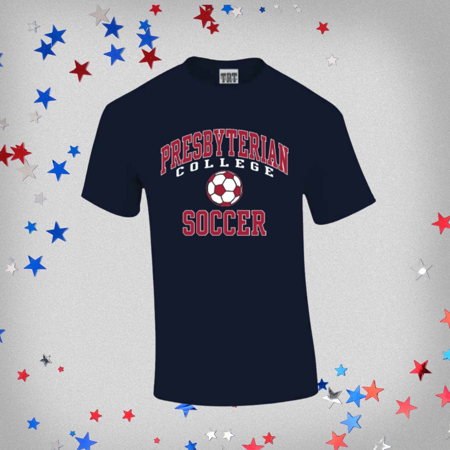 Navy Blue t-shirt with Presbyterian College Soccer screen printed in white and garnet ink. The background of this product photo has red, white, and blue stars.