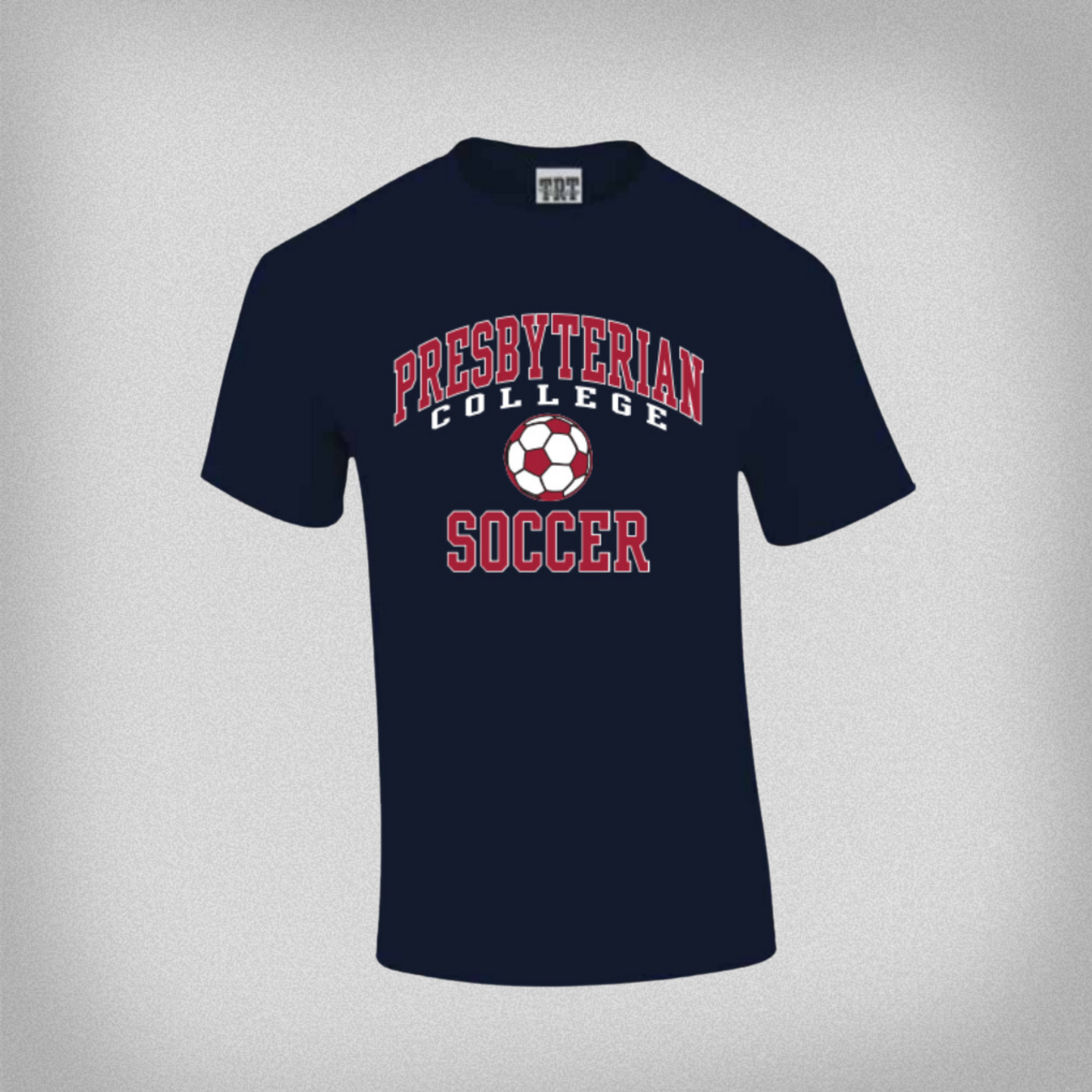 Product photo of a navy blue t-shirt with Presbyterian College Soccer screen printed in white and garnet ink.