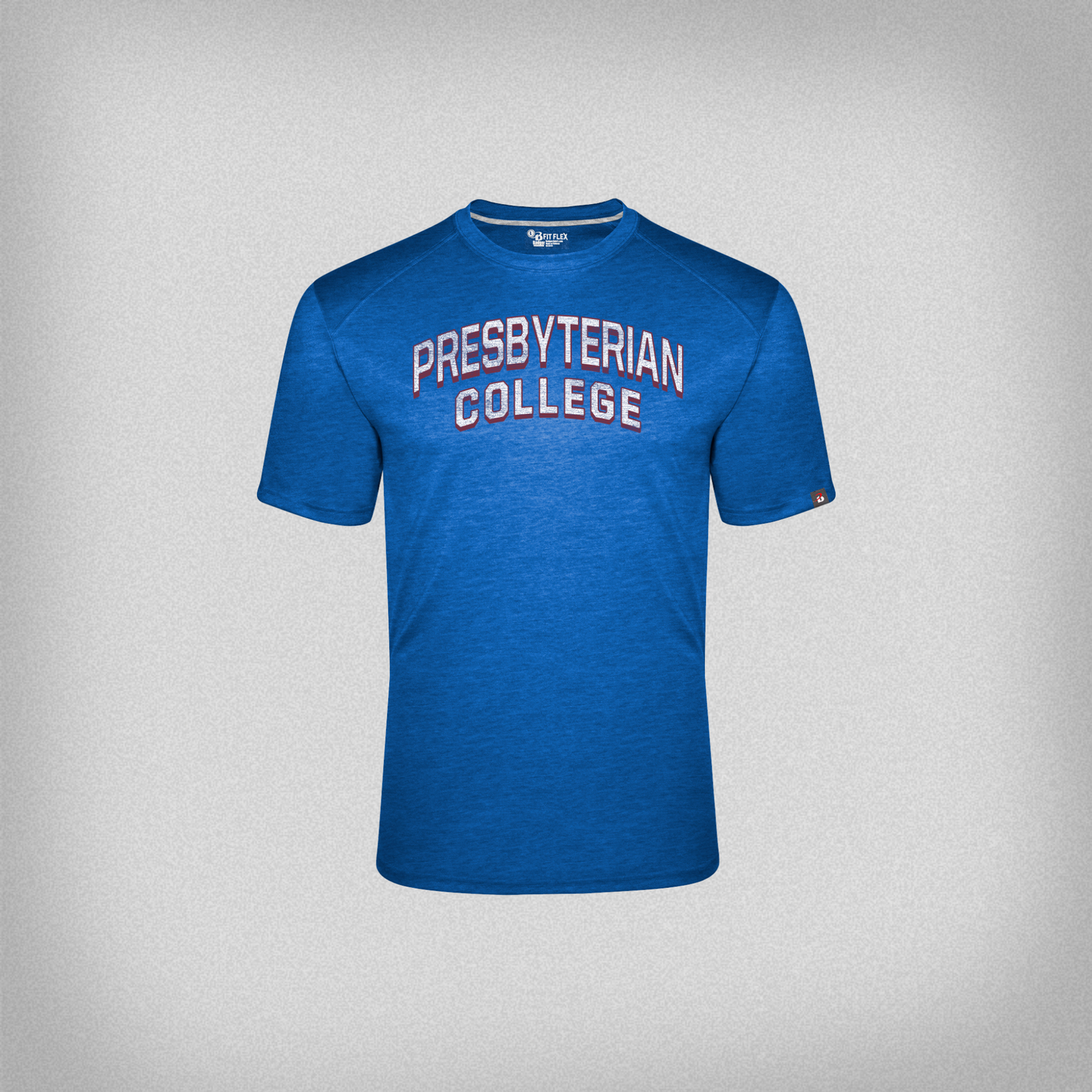 Product photo of a royal blue fit flex t-shirt with a distressed screen print graphic in white and red ink of "Presbyterian College"