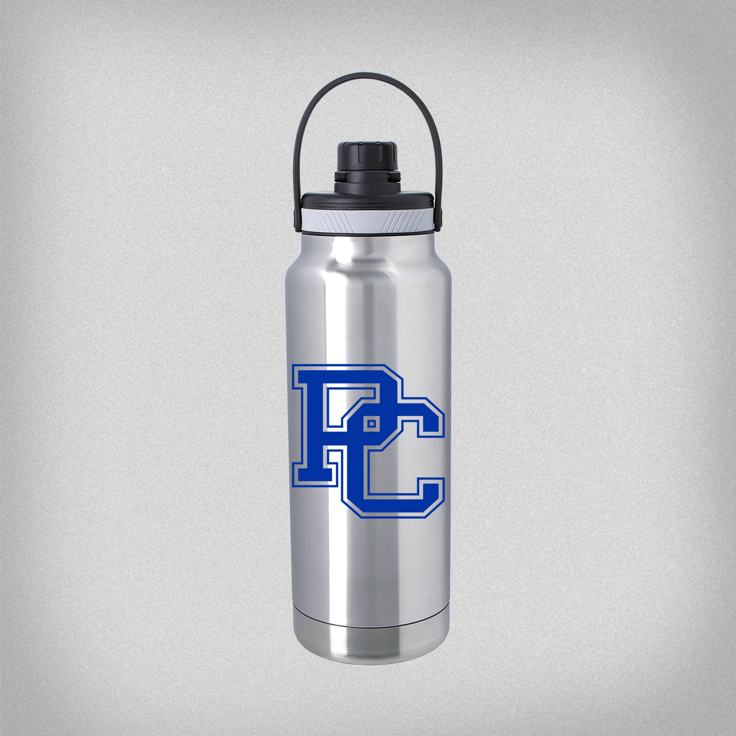 Product photo of a stainless steel bottle with a royal blue block PC logo printed on the front.