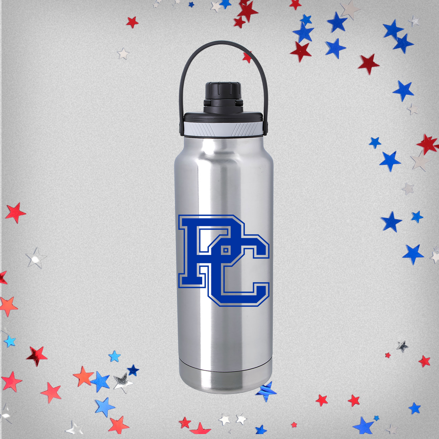 Product photo of a stainless steel bottle with a royal blue block PC logo printed on the front. The product photo has red, white, and blue stars in the background.