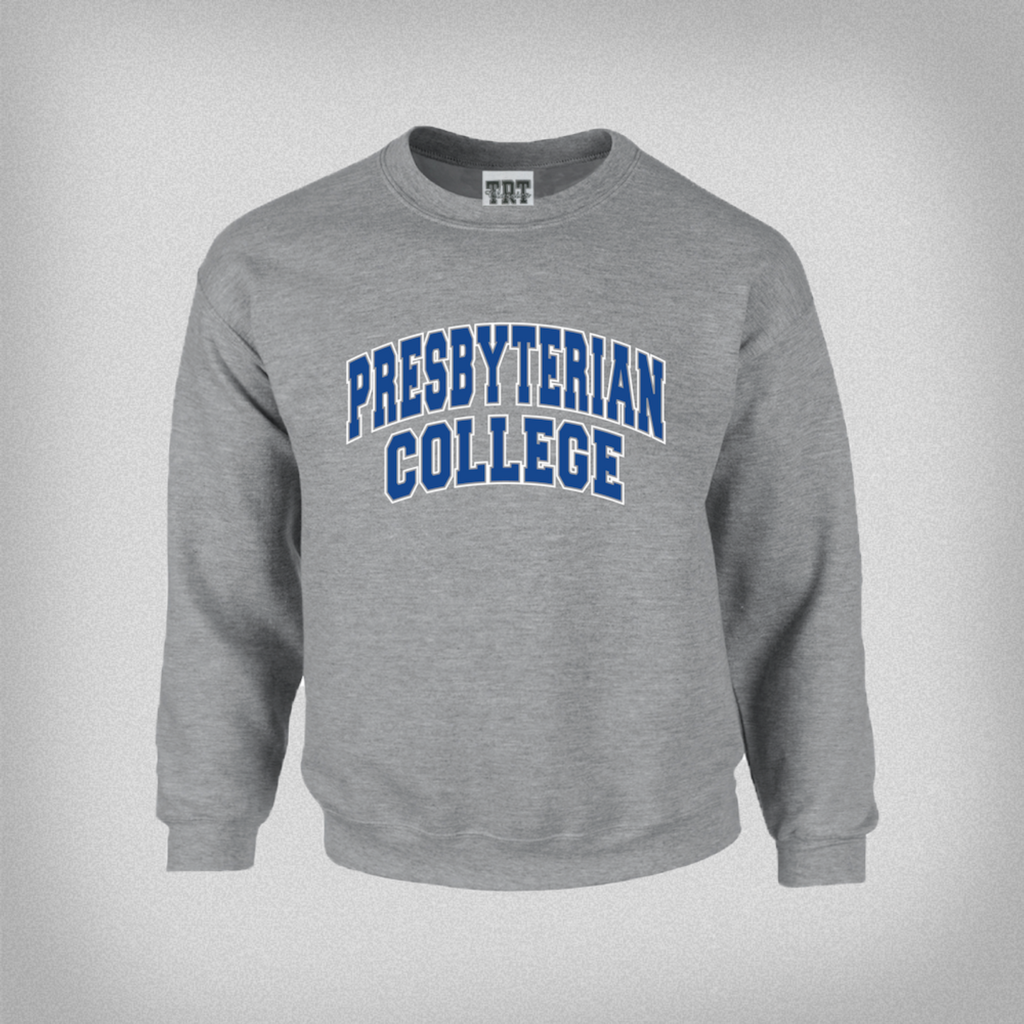 Product phot of a light grey crewneck sweatshirt with "Presbyterian College" printed in royal blue and white ink on the front of the sweatshirt.