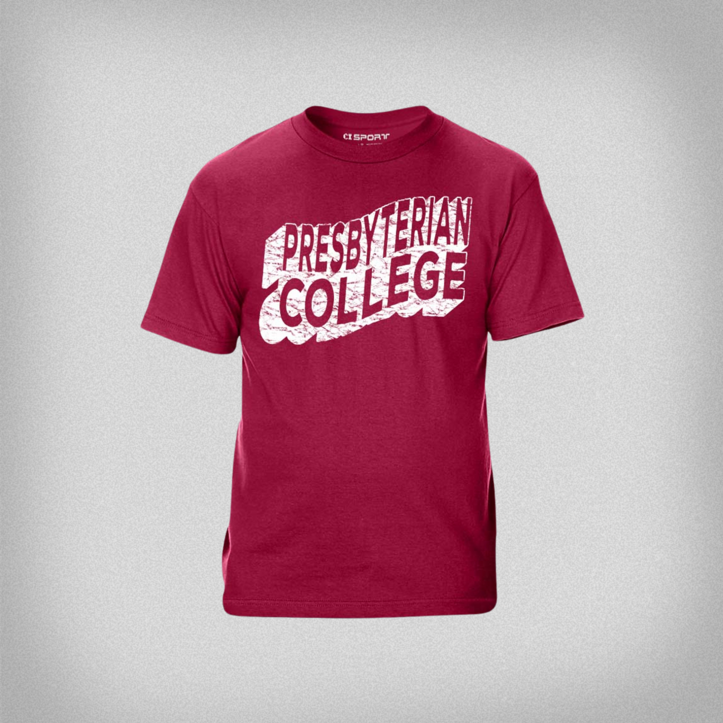 Product photo of a garnet red t-shirt that features a wavy and distressed design in white ink that spells out Presbyterian College.