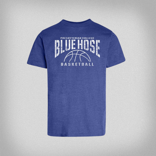 Product Photo of a royal blue heather t-shirt that says Presbyterian College Blue Hose Basketball with a basketball printed on the front of the shirt in white distressed ink.