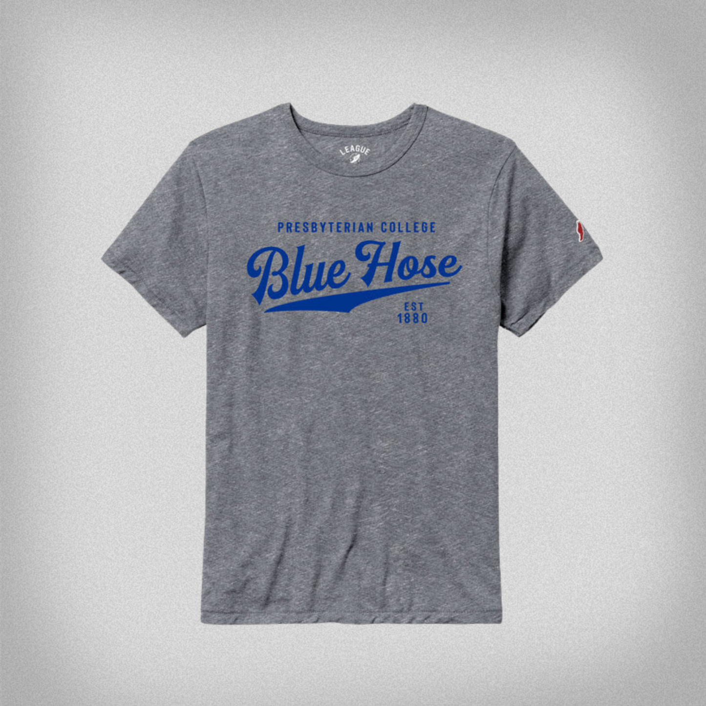 Product photo of a grey t shirt with Presbyterian College Blue Hose Est. 1880 printed across the front of the shirt in royal blue ink.