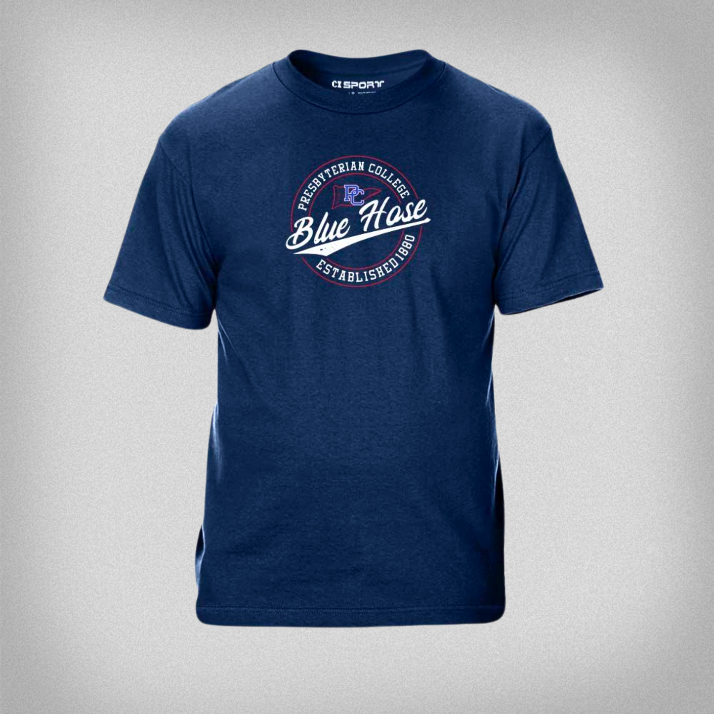 Navy Blue T-shirt with a circular design that has Presbyterian College Blue Hose Established 1880 along with a little flag outline with the block PC logo on it. The screen print design is mostly white, with some red and royal blue ink details.