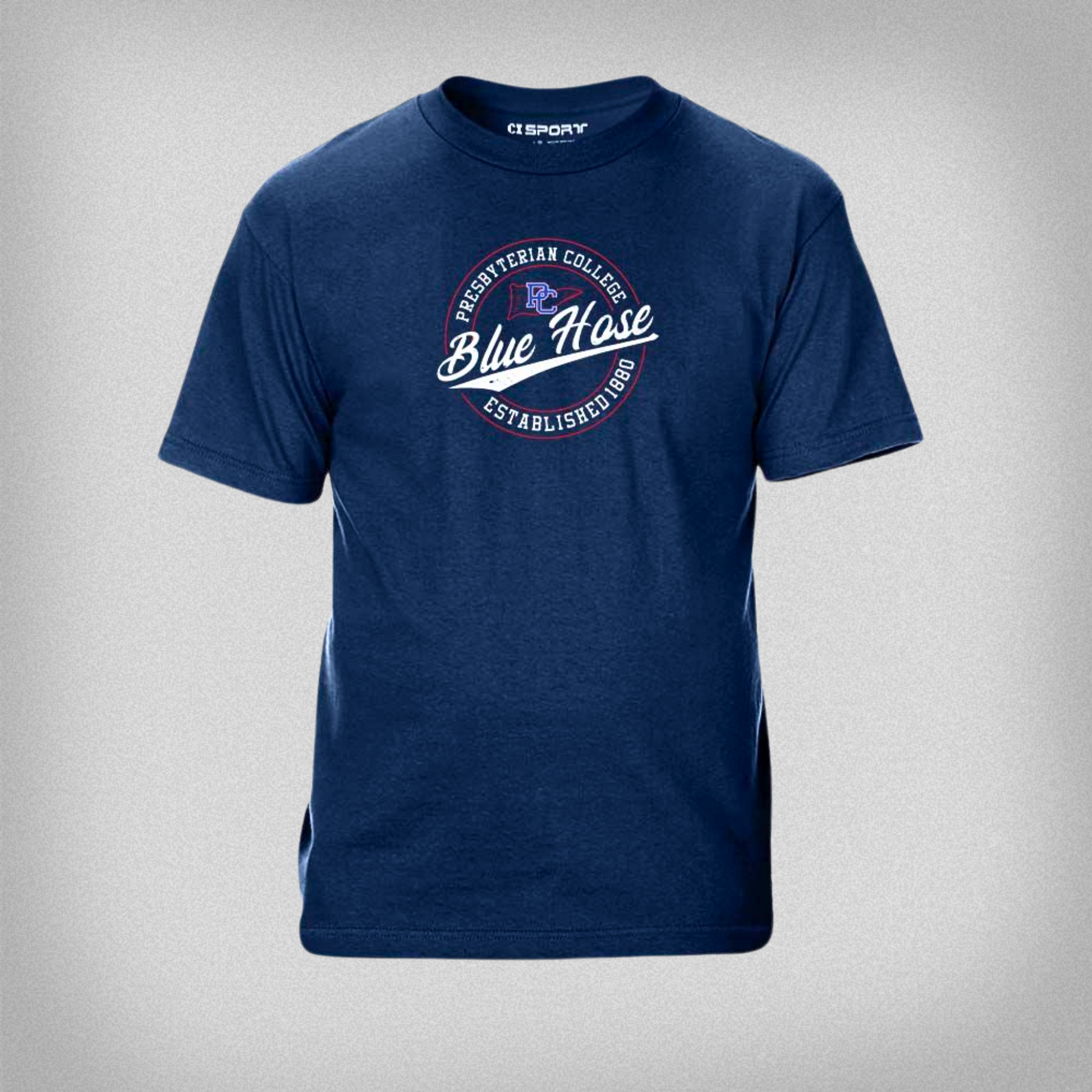 Navy Blue T-shirt with a circular design that has Presbyterian College Blue Hose Established 1880 along with a little flag outline with the block PC logo on it. The screen print design is mostly white, with some red and royal blue ink details.