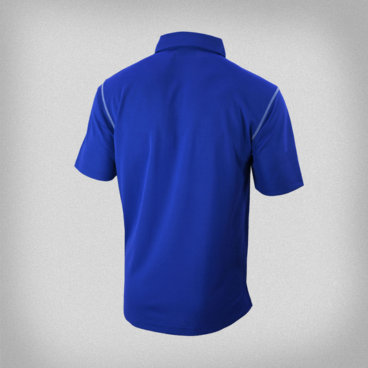 Product photo of a royal blue Columbia Polo that has white thread seams. This is the back view of the shirt.