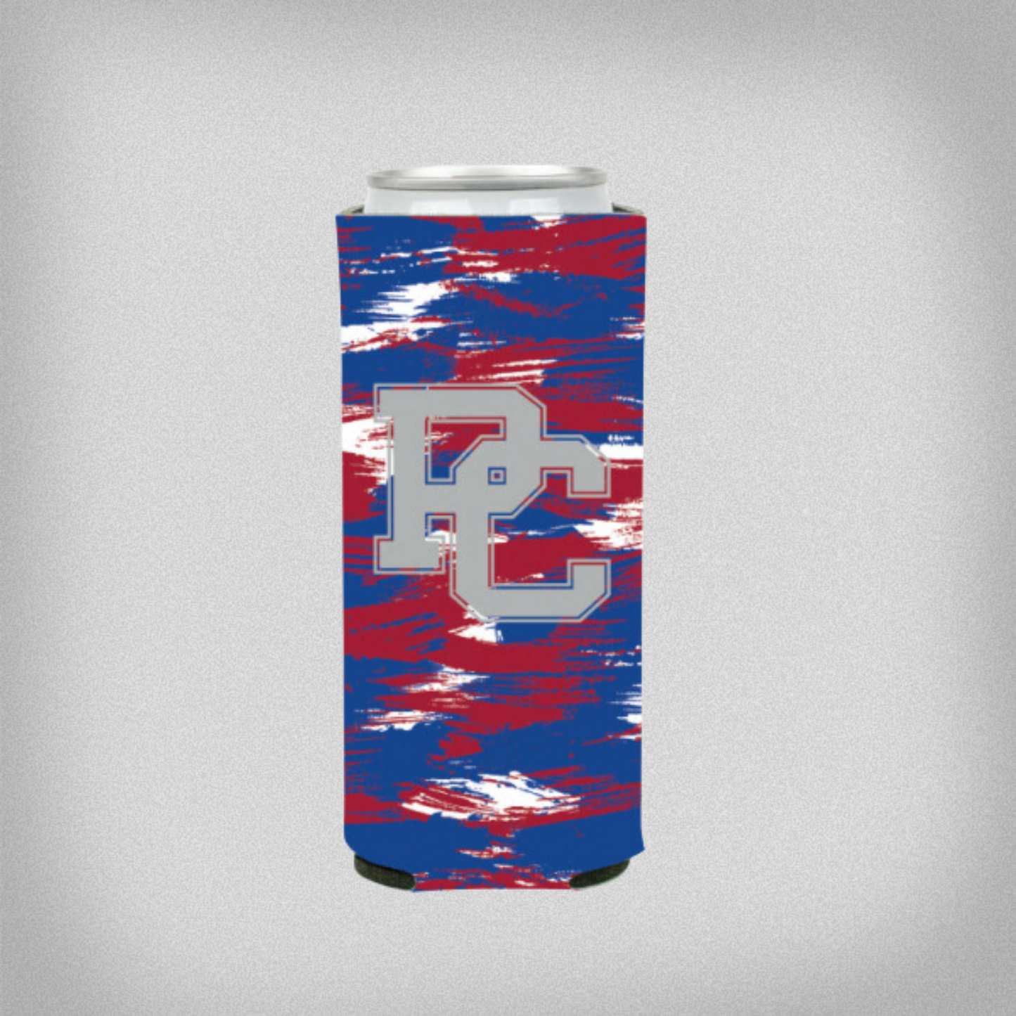 Product photo of a tall slim can with a can holder that features red, blue, and white brushstroke design, and a white block PC logo on the front.