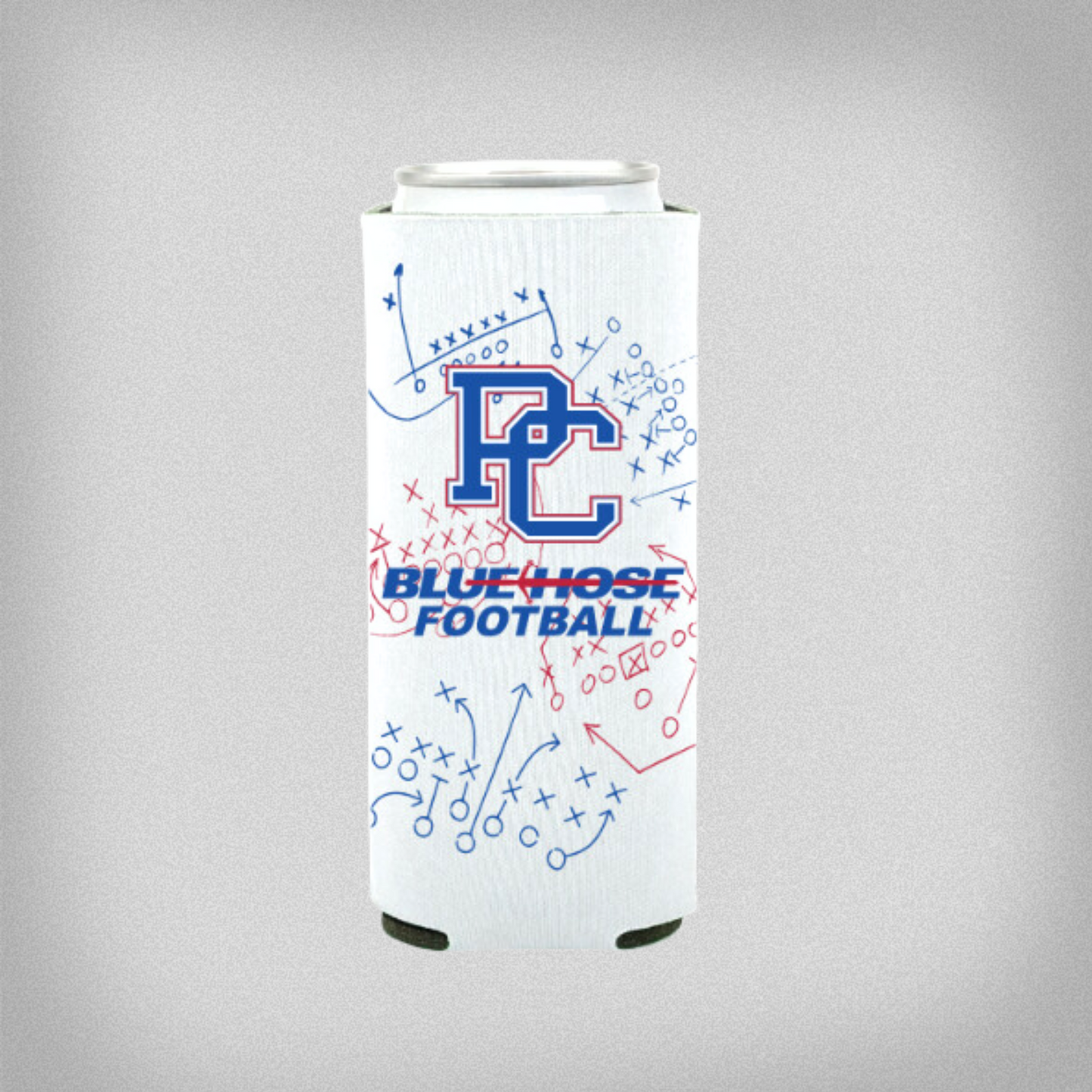 A product photo of a slim tall can with a white can holder that has a football playbook design in red and blue on it, along with a 4 color block PC logo and the Blue Hose football athletic wordmark below it.