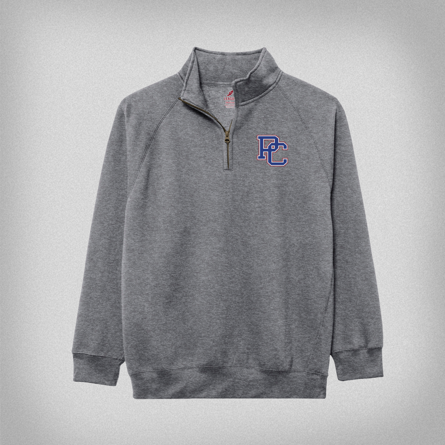Product photo featuring a heather grey quarter zip with a 4 color block PC logo embroidered on the top left chest.