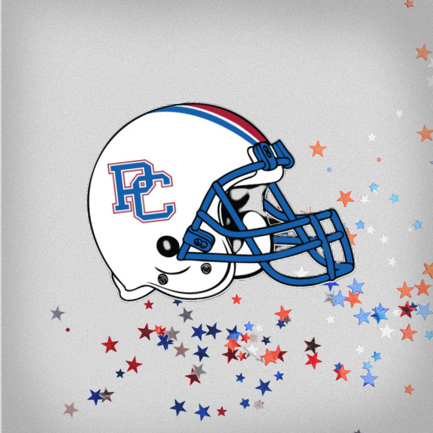Decal of a white football helmet with a blue and red block PC logo on it. The background of this product photo has red, white, and blue stars on it.