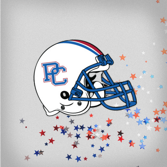 Decal of a white football helmet with a blue and red block PC logo on it. The background of this product photo has red, white, and blue stars on it.