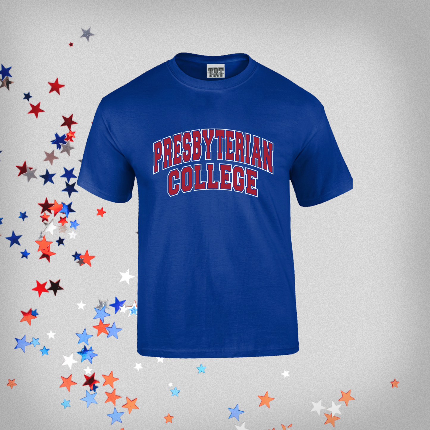 Product photo of a royal blue youth t-shirt that says "Presbyterian College" in red and white ink. The product photo has red, white, and blue stars on the background.