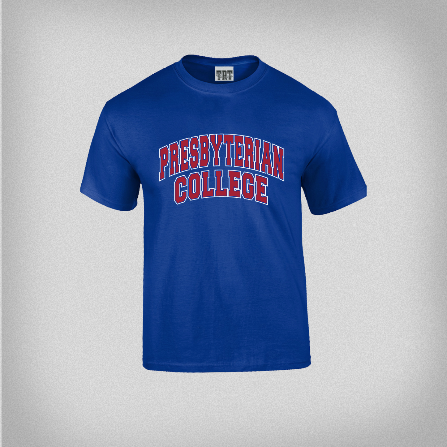 Product photo of a royal blue youth t-shirt that says "Presbyterian College" in red and white ink.