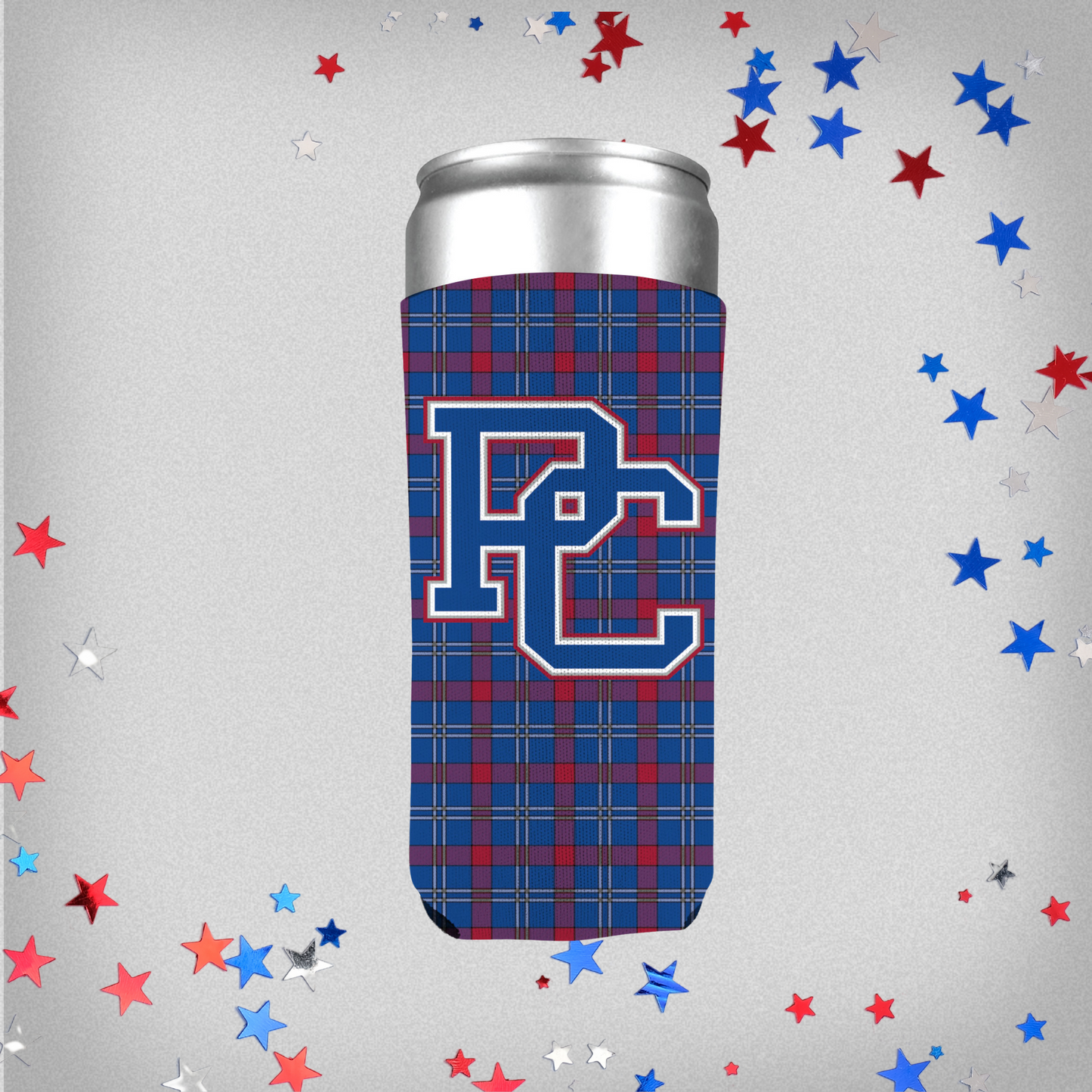 This product photo features a tall slim can with a tartan can holder in red and blue with the 4 color block PC logo on the front. The background of this product photo has red, white, and blue stars.
