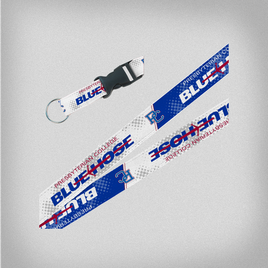 Another view of the royal blue and white 3/4 inch lanyard with Presbyterian College, PC logo, and the Blue Hose athletic wordmark printed on it. The lanyard features a buckle so you can separate the key ring from the lanyard if need be.