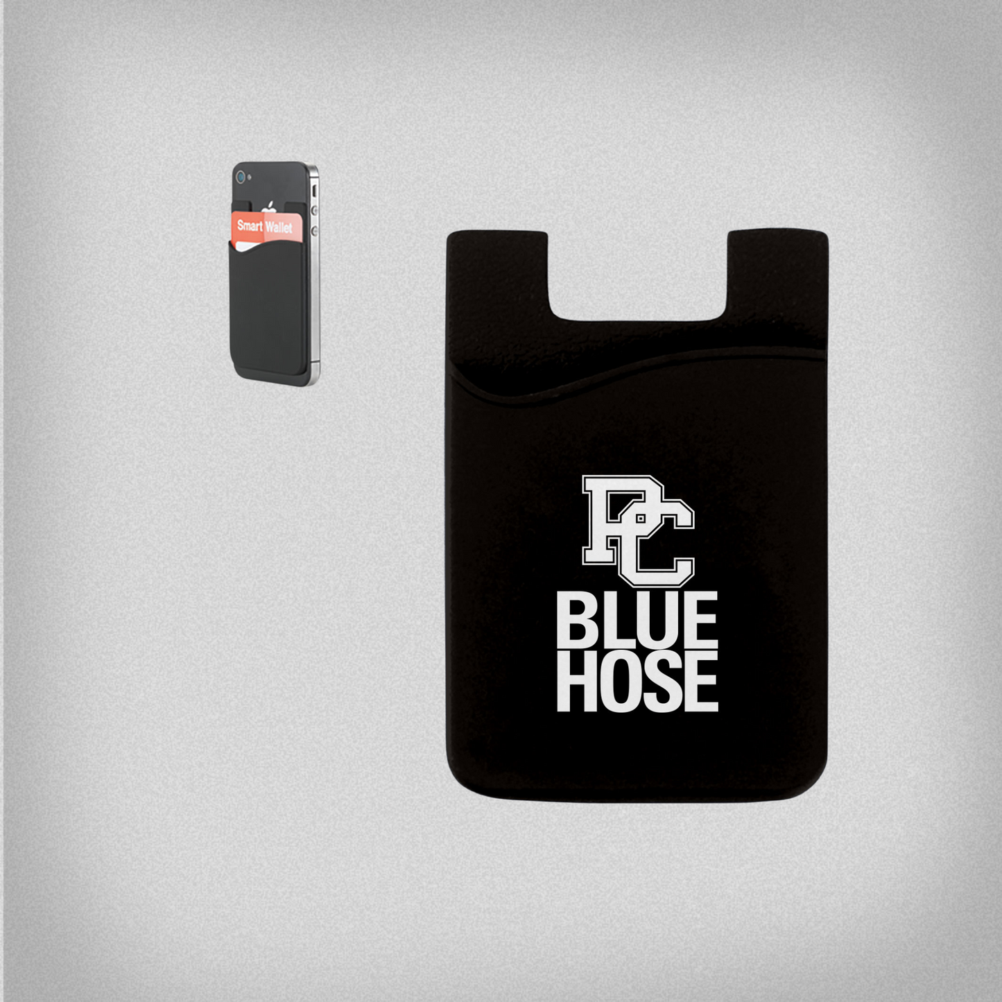 A product photo of a black silicone card holder that sticks to the back of a phone or phone case. In the top left corner there is a smaller product photo of a phone with the card holder stuck to the back of a smart phone.