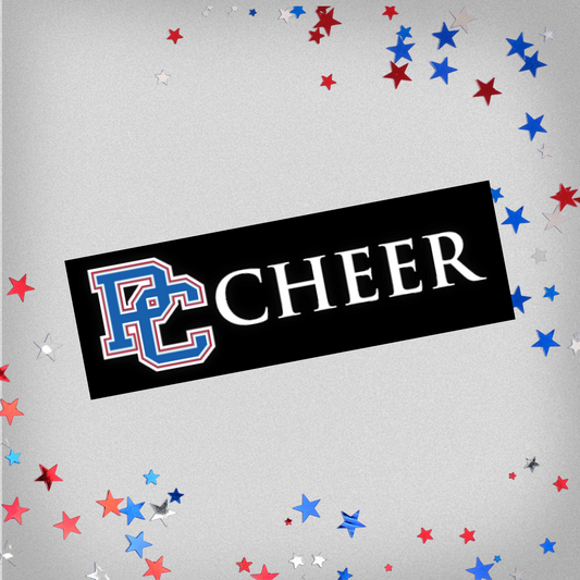 Decal with a 4 color block PC logo and white letters that spell out Cheer (there is not a black background on the sticker-that is just a part of the product photo) Background of the product photo ha red white and blue stars on it.