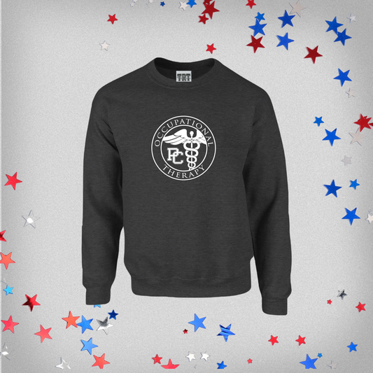 Dark grey crew with the Presbyterian College Occupational Therapy Badge screen printed in white on the front. This product photo has red, white, and blue stars in the background.