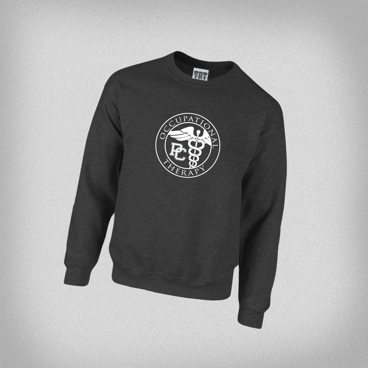 Dark grey crew with the Presbyterian College Occupational Therapy Badge screen printed in white on the front.