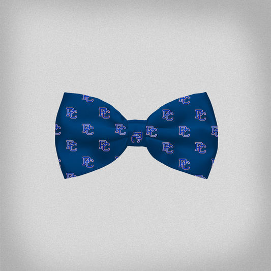Product photo of a navy bow tie with a 4 color block PC logo