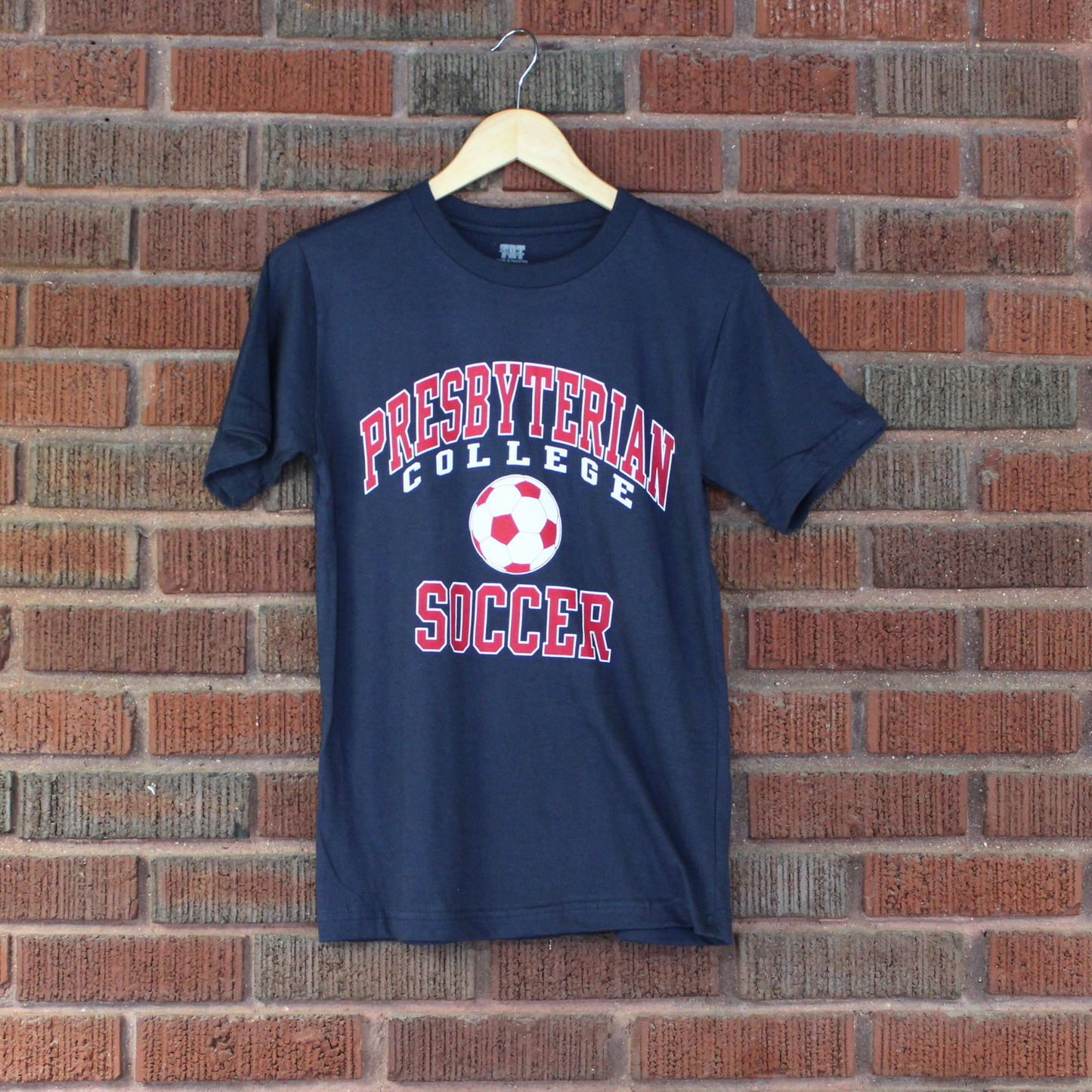 Navy Blue t-shirt with Presbyterian College Soccer screen printed in white and garnet ink.