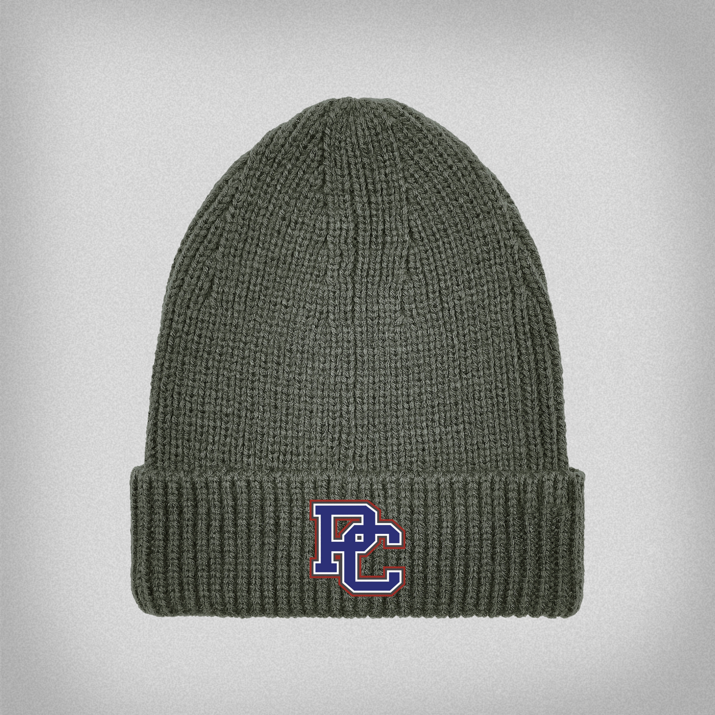 Gray beanie with an embroidered PC logo on the cuff