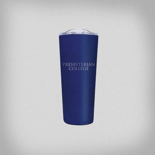 Blue tumbler with 'Presbyterian College' text on a gray background