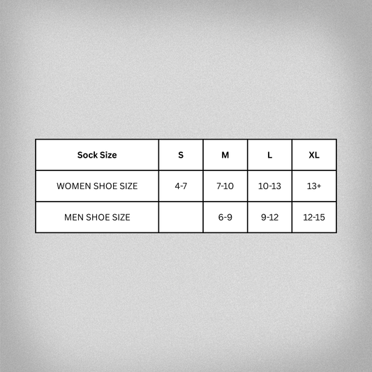 Shoe size chart for the socks - Small - (Women's 4-7), Medium - (Women's 7-10 and Men's 6-9), Large - (Women's 10-13 and Men's 9-12), XL - (Women's 13+ and Men's 12-15)