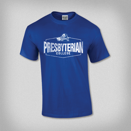 Product photo of a royal blue shirt with white ink distressed screen print graphic that features a hexagon with Presbyterian College inside it and the Scotty the Scotsman athletic mark.
