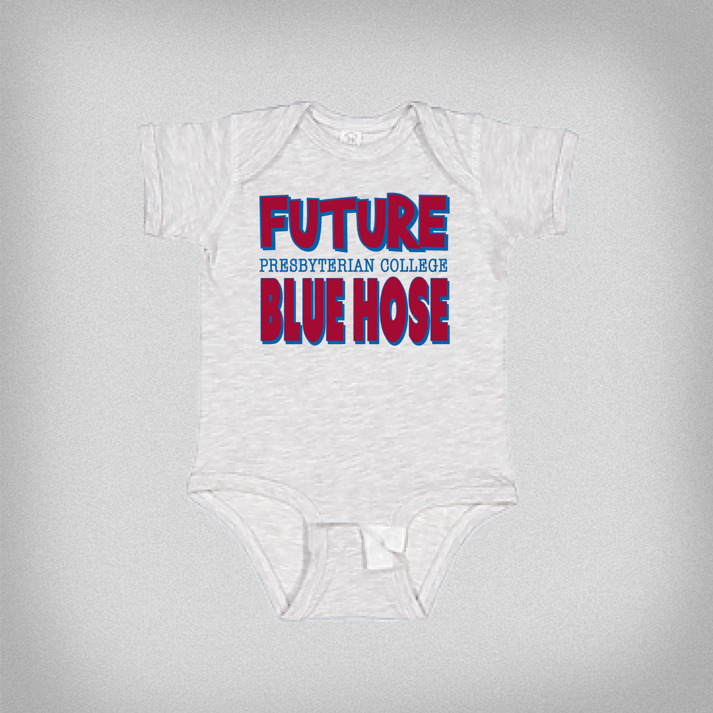 Grey baby onesie with 'Future Presbyterian College Blue Hose' text on a gray background