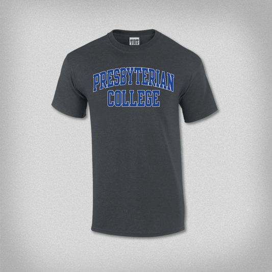 Gray t-shirt with 'Presbyterian College' printed in blue on a gray background